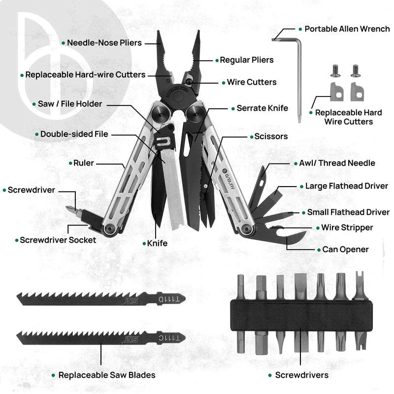 BIBURY Multitool Pliers Pro BI2045, Foldable Multitools with Replaceable Wire Cutters and Saw, Stainless Steel Multi Tool w/Upgraded Scissors and Screwdriver Set, Ideal for Camping, Hiking, Survival Black