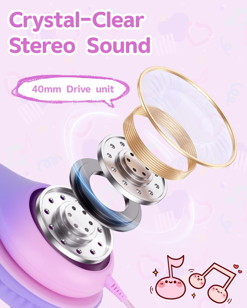 USB C Over Ear Kids Headphones with HD Mic, Safe Volume Limited Wired Headphones for School, Travel, Stereo Sound, Foldable Headphones for iPad, Laptop, PC, Purple-Pink