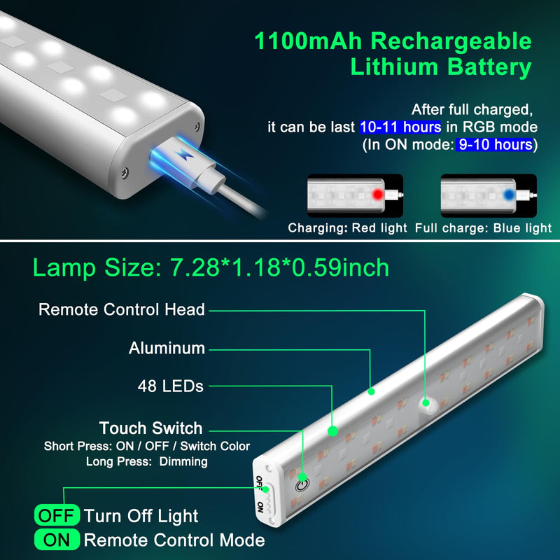Under Cabinet Lighting Wireless Rechargeable Battery Operated LED Closet Lights Dimmable Under Counter Lights Bar with Remote, RGB Changing Perfect for Kitchen Bedroom Stairs, 4 Packs Remote Control Lights/ 4 Pack