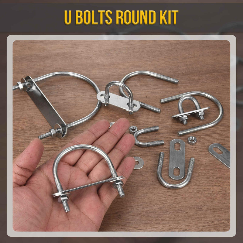 DTGN M10x51x85mm U Bolts Round Kit - 4Set - 304 Stainless Steel U-Bolt Kit with Nuts, Washers, Frame Plate - Good for Pipe, Trailer, Automotive, Leaf Spring Fastener 4