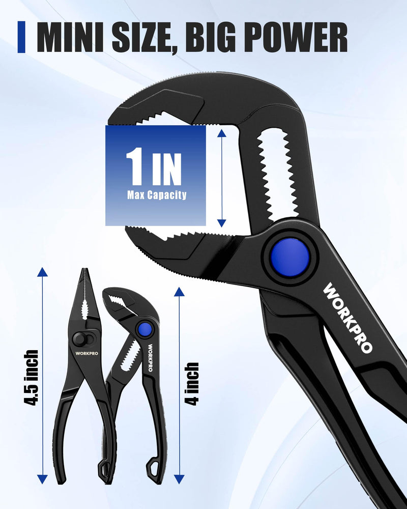 WORKPRO 2-Piece Mini Pliers Set with Pouch, 4-Inch Water Pump Plier & 4.5-Inch Long Nose Slip Joint Plier, Heavy-Duty Alloy Steel Mini Adjustable Plier, EDC Pliers for Tight Spaces & Versatile Use Black 2PCS-Long Nose & Water Pump Pliers