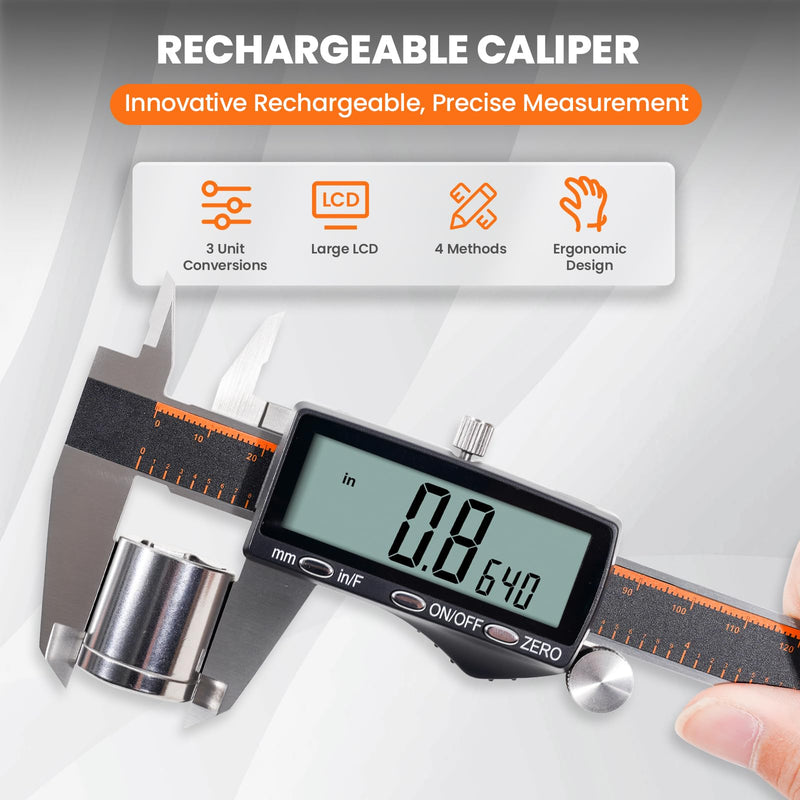 HARDELL Digital Caliper, Rechargeable Calipers with Large LCD Screen, Stainless Steel Caliper Measuring Tool, Auto-Off Micrometer, Inch/MM/Fraction for DIY/Household/3D-printing 6 Inch