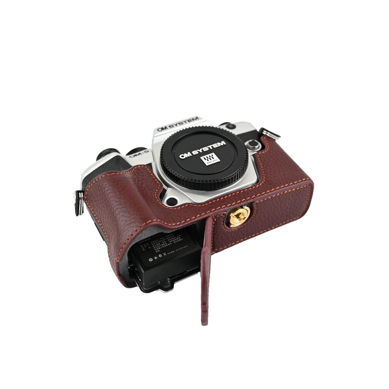 OM-5 Mark II Case, Litchi Handmade Genuine Real Leather Half Camera Case Bag Cover for Olympus System OM-5 Mark II Bottom Opening Version + Neck Strap (Brown) Brown