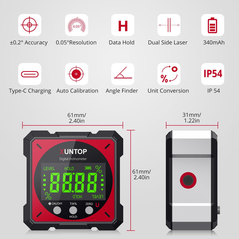 XUNTOP USB Charging Digital Angle Finder Level Box with Laser (Class 2, <1mW Output), 4-side Strong Magnetic Angle Gauge IP54 Waterproof Inclinometer Level for Hanging Decorations Woodworking Red Red-Dual Laser