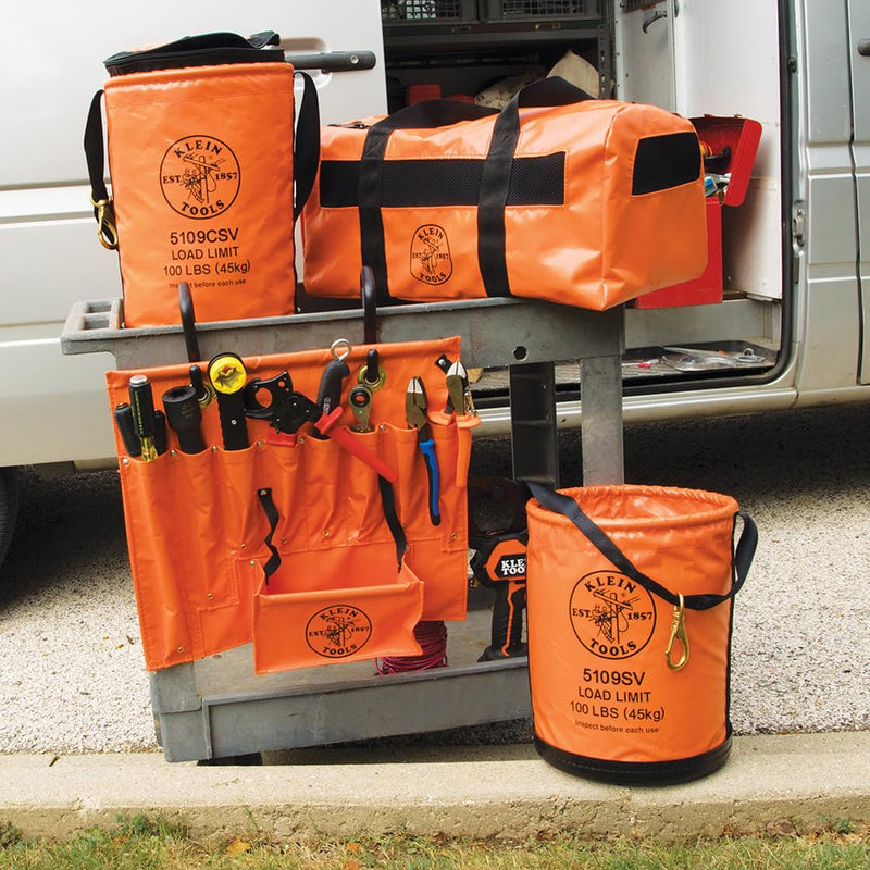 Klein Tools 5109SV Tool Bucket, Vinyl Lineman Bucket with Swivel Snap and Web Handle, 12-Inch, 100-Pound Load Rated Tool Holder Vinyl with Swivel Snap Hook Canvas Bucket