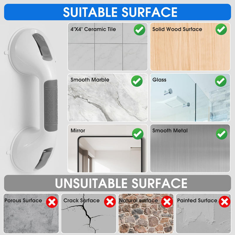 Suction Grab Bar with Safety Indicator for Bathtub Shower Bathroom, Heavy Duty Handrail Removable Reusable for Elderly Disabled and Kids, Anti-Slip Grip, No Drilling Tool Free, Waterproof Grey 12'' 2 Pack Gray