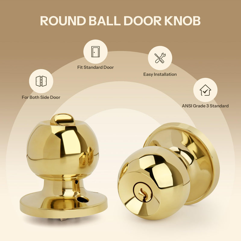 Ball Design Door Knob with Keys and Lock, Keyed Entry Round Shaped Doorknob for Front/Entrance Doors, Polished Brass Finish