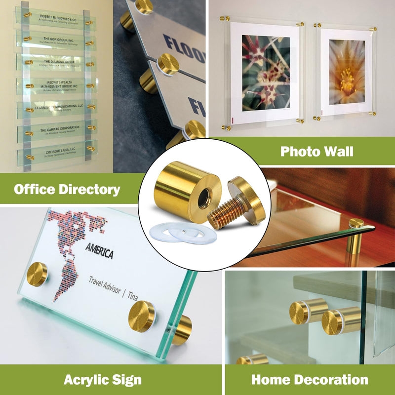 25 x 25mm (Dia. x L) Standoff Screws - Masendelk Gold Sign Standoff Mounts with Installation Accessories - Stainless Steel Wall Mount Hardware for Acrylic, Glass, Metal, Wood Panels - 24 Pieces 25 x 25mm / 0.98" x 0.98"