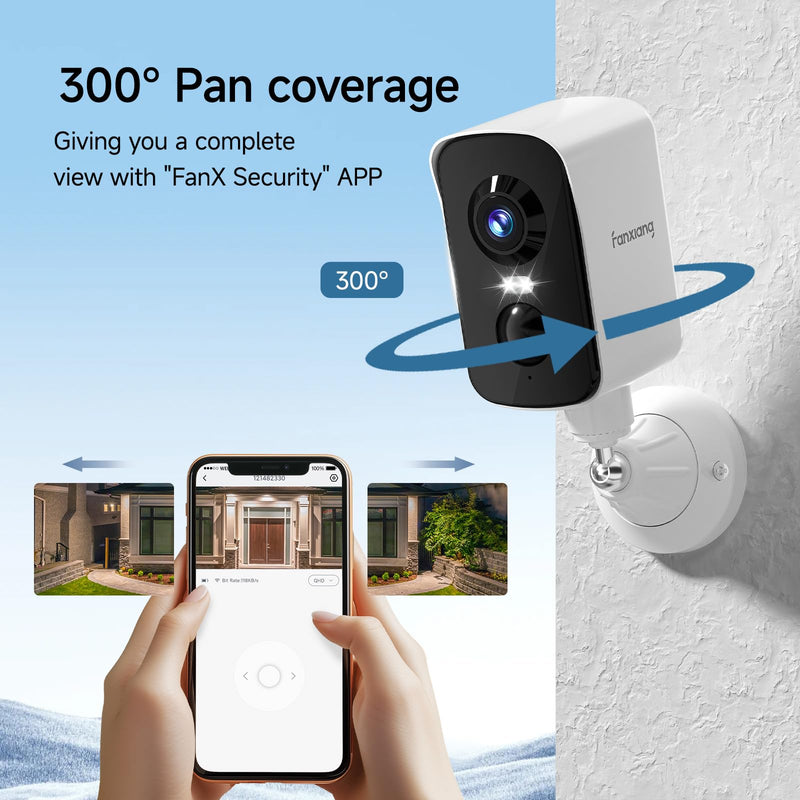 fanxiang 2K Wireless Security Camera Outdoor with Solar Panel & 64GB Card, Rechargeable Battery Camera Wireless WiFi, 300° Pan Rotating, PIR, Color Night Vision, AI Motion Detection, 2-Way Audio, IP65 Solar Battery Camera