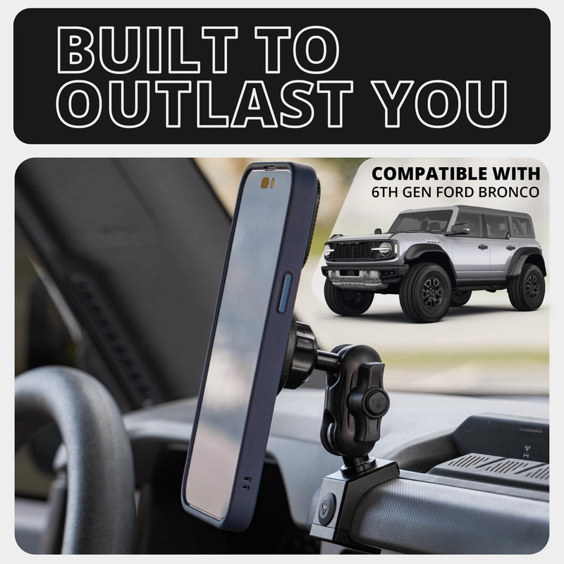Tackform Link Phone Mount with Top Dash Clip - Compatible with 2021-2025 Ford Bronco | Aluminum | Zero Slip, Anti-Scratch | Universal Magnetic Phone Holder | 2" Arm | Black | (NOT MAGSAFE Compatible) Small Standard Magnet