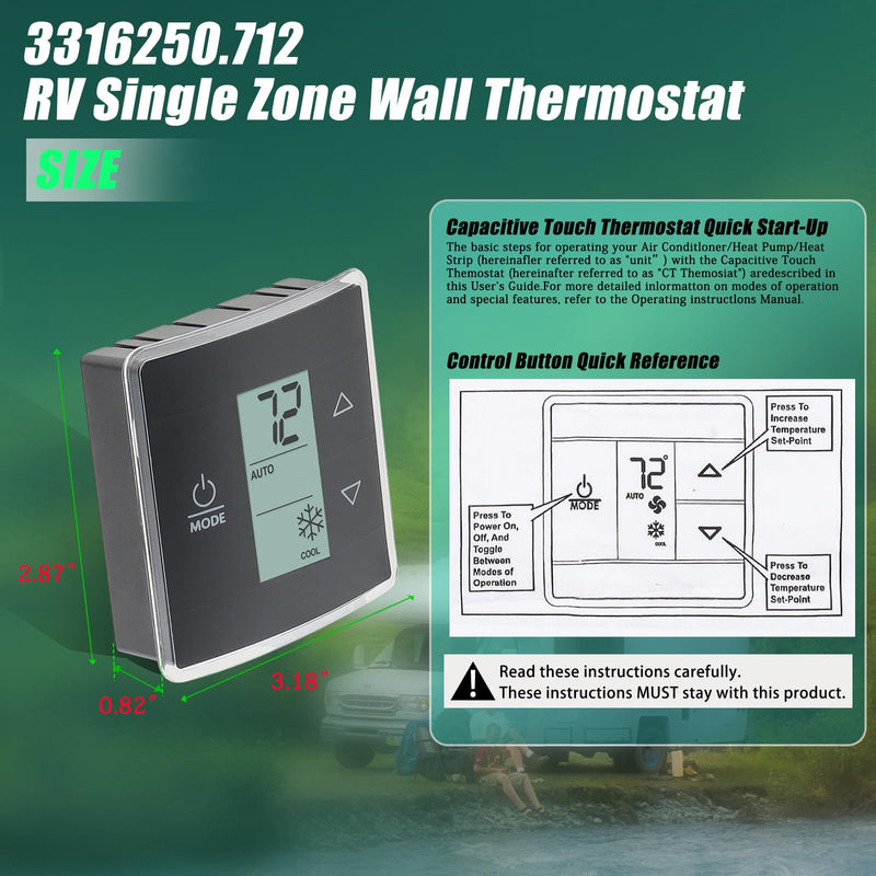 Black 3316250.712 RV Single Zone Wall Thermostat for Dometic RV/Camper Conditioners w/Digital Temperature Display, Cool/Furnace/Heat Strip, Three Input Areas, Bright Blue Backlight Self-extinguishing