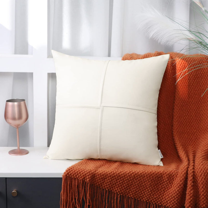 BRAWARM Faux Leather Throw Pillow Covers 22 X 22 Inches, Cream Leather Pillow Covers Pack of 2, Hand Stitched Leather Decorative Throw Pillows for Couch Sofa Bed Living Room Home Garden 22" x 22" (Pack of 2)