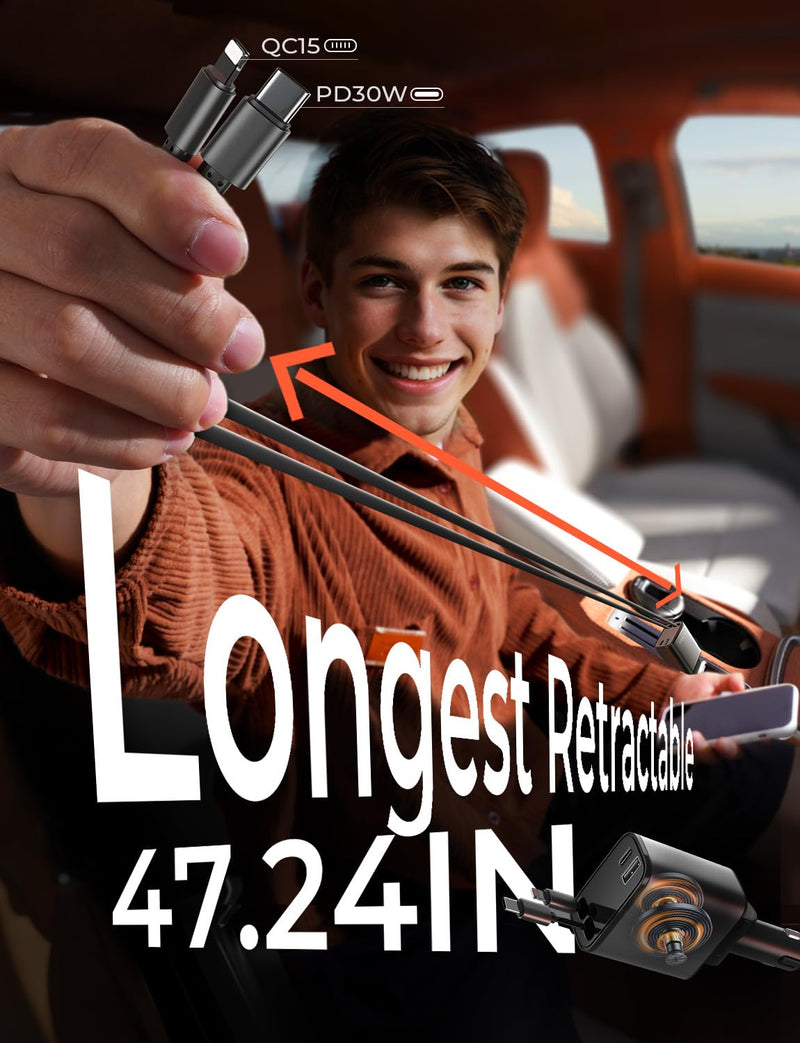 LISEN Retractable Car Charger [47.24 Inches 69W USB C Accessories Adapter ] for iPhone 16 USB C Fast Charging Retractable Car Charger 4 in 1, for iPhone 17 Pro Max Air 16 15 14 13 12 Plus Mini, ipad Grey 47.24 Inch