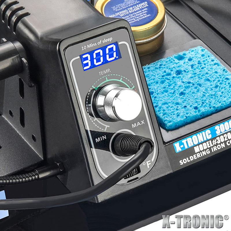 The Original X-Tronic 3020-XTS • 75W Soldering Iron Station Kit • 2 Helping Hands • Silicone Tool Mat • 5 Extra Tips • 50g Roll of Solder • Brass Sponge • Cleaning Flux • C/F Conversion • Auto Sleep! Classic Style - 5 Extra Solder Tips