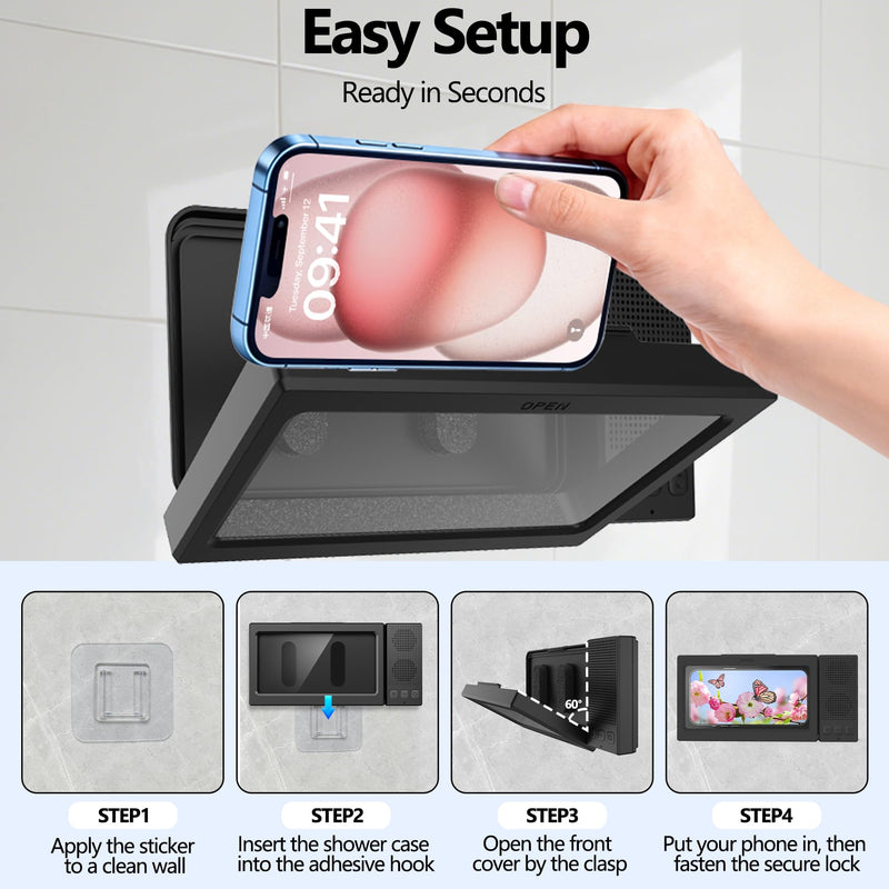 Shower Phone Holder with Wireless Bluetooth Speaker,- 480°Rotatable Retractable Adjustable Shower iPhone Case, Bathroom Wall Phone Stand Water Proof Anti Fog,Accessories for 4-7"Cellphones (Black) Black