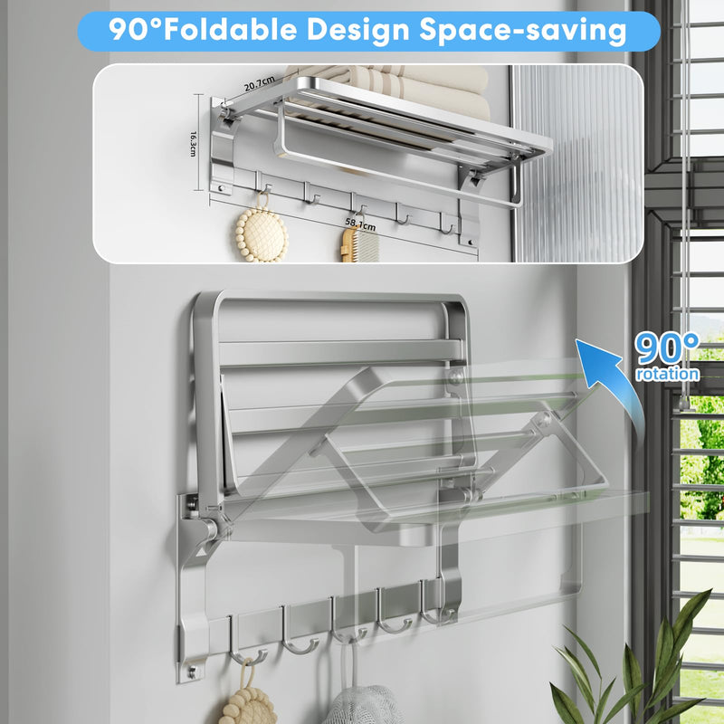 Foldable Wall Mounted Towel Rack, 23 Inch Rustproof Aluminum Towel Shelf with Bar & 5 Hooks, Space Saving Bathroom Organizer, Silver Matte Silvery