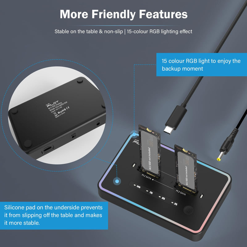 M.2 Duplicator Cloner Dual-Bay Offline USB C to NVME SATA Docking Station, M.2 Reader 20Gbps for Both (M Key, B+M Key) PCIE NGFF Dock, Size 22110 2280 2260 2242 2230 Enclosure - NN/SS RGB M.2 Duplicator Cloner Pilot NN/SS RGB [Plastic]