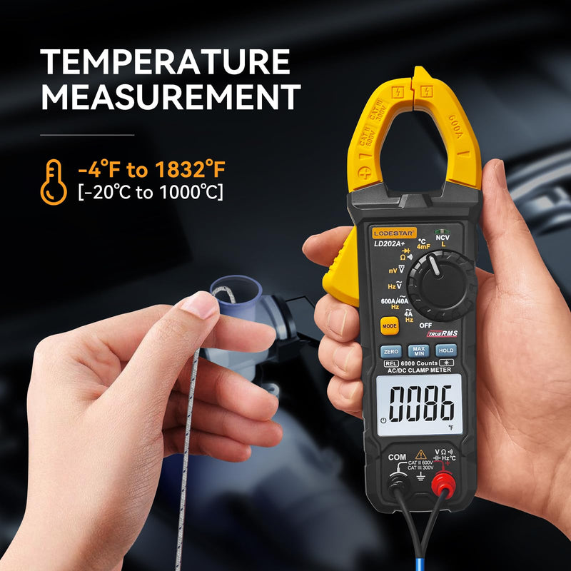 Digital Clamp Meter Multimeter 4000 Counts Voltage Tester with Auto Range, AC/DC Voltage, AC Current, Resistance, Capacitance, Continuity Diode,Live Wire Test, NCV, True RMS, AC Current Meter LD202A+ LD202A+ 4000 Counts AC Current