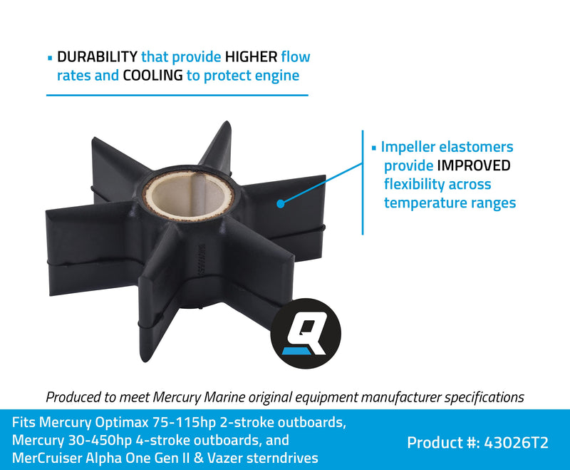 Quicksilver 43026T2 Water Pump Impeller for OEM Mercury 75-115 Hp Optimax Outboards and 30-450 Hp 4-Stroke Outboards, and MerCruiser Alpha One Gen II/Vazer Sterndrives