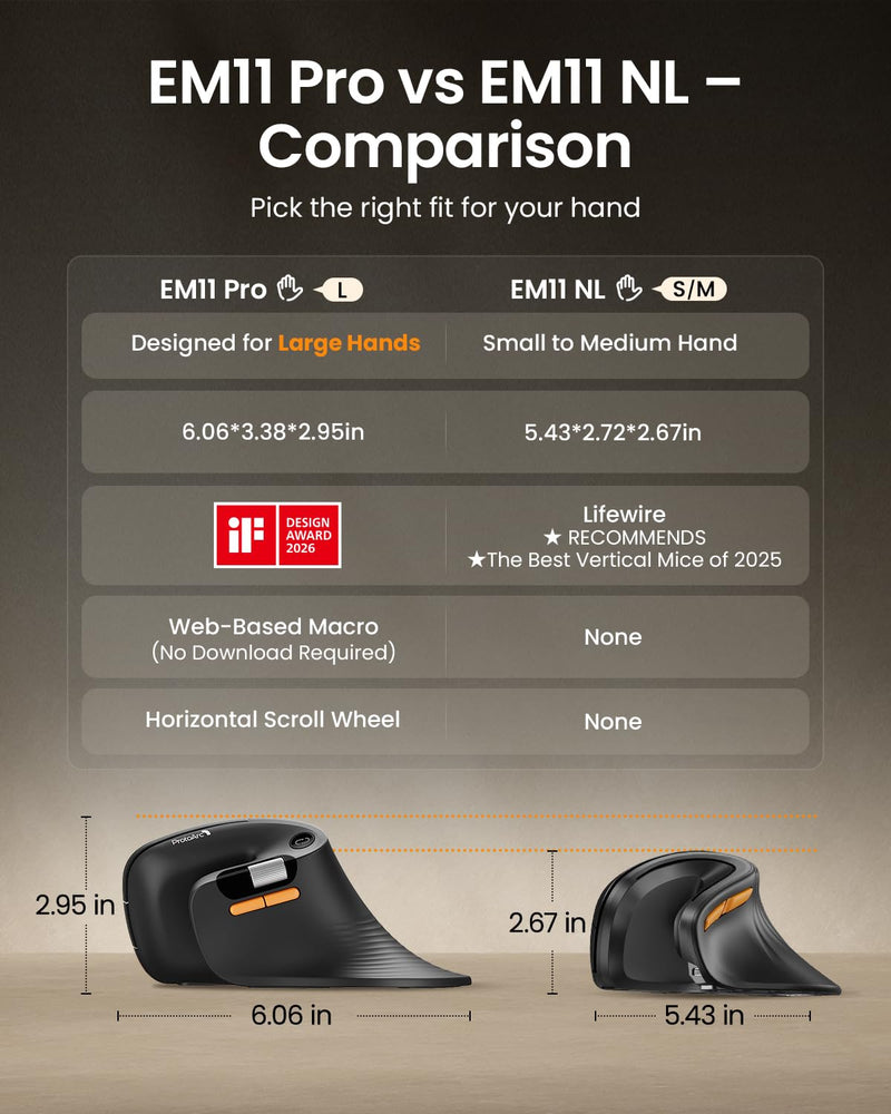 ProtoArc EM11 Pro Ergonomic Mouse for Large Hands, Side Scroll, Black | Designed for hands 7.5-8.5". Browser-based customization, Side scroll wheel for Excel/video editing, Multi-Device.