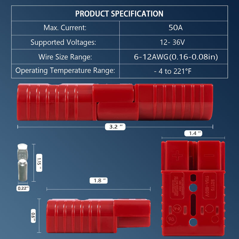 Anderson Connector 4 Pcs, 50 Amp 12-36v Batteries Quick Connect/Disconnect Plug Kit, Connectors for 6 to 12 Gauge Cables, for Car Bike ATV Winches Lifts Motors More,SB50 Red 50Amp-4Pcs red