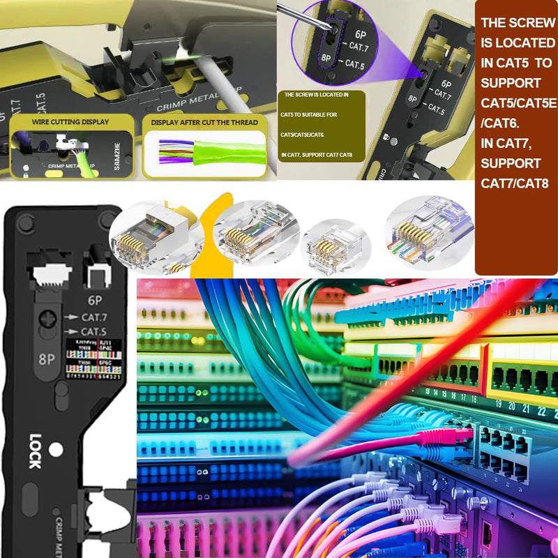 LEATBUY Crimping Tool Kit for RJ45/RJ11/RJ12/CAT5/CAT6/Cat5e/CAT6e/6P/8P, Professional Network Crimper Wire Connector Stripper Cutter, Computer Maintenance Lan Repair Tool Set(Yellow) Yellow