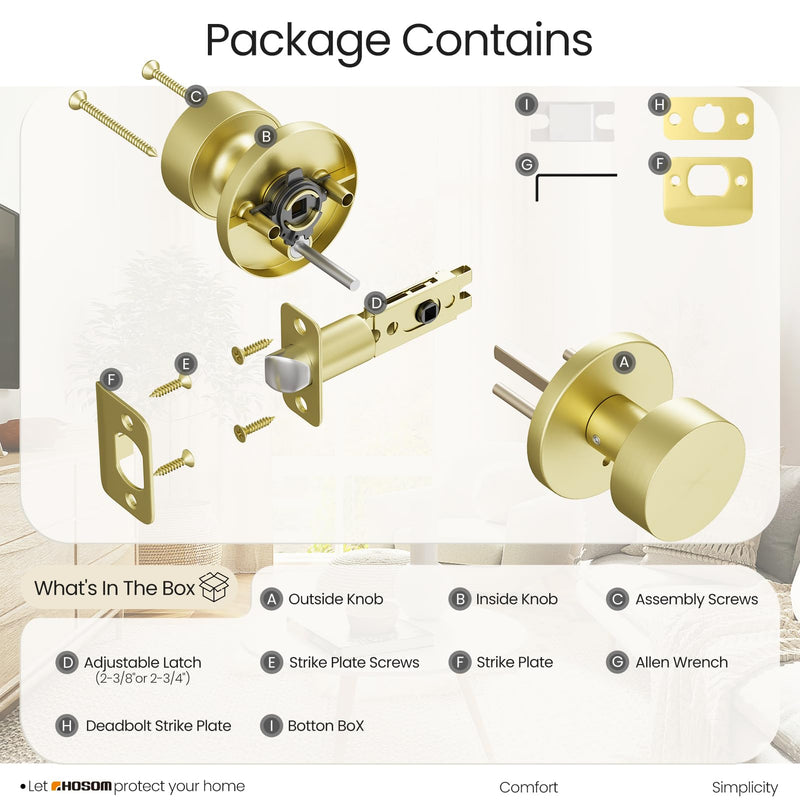 HOSOM Gold Door Knob, Privacy Door Knob, Bathroom Bedroom Door Knobs with Lock Exterior Interior Satin Brass Door Locks Heavy Duty Door Handle Keyless Doorknob with Round Ball,1 Pack