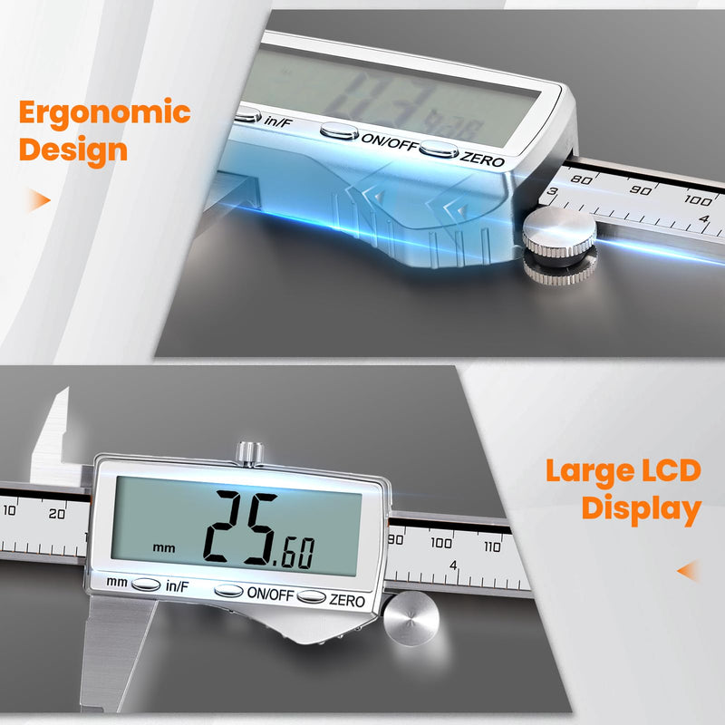 HARDELL Digital Caliper, Rechargeable Calipers with Large LCD Screen, Stainless Steel Caliper Measuring Tool, Auto-Off, Inch/MM/Fraction for DIY/Household/3D-printing 6 Inch