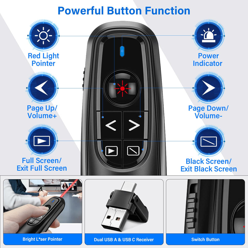 2-in-1 USB Type C Presentation Clicker, Wireless Presentation Clicker PowerPoint Presenter Remote with Volume Control, Powerpoint Clicker with Slide Advancer for Computer/Laptop/Mac A-F10 A-USB+TYPE-C