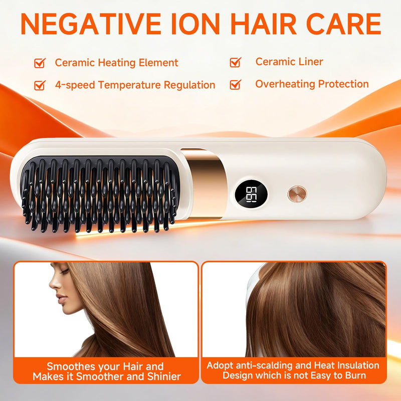 5-in-1 Cordless Hair Straightener Brush, Go Brush Pro USB Rechargeable Hot Brush, 4 Heat Settings Hair Styling Brush with Negative Ion, Portable Heated Brush for Travel & Everyday Use