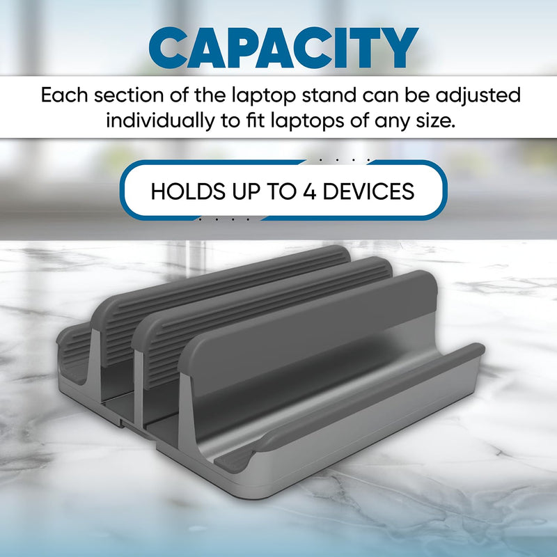 Elestoria 4 Device Vertical Laptop Stand – Adjustable Desktop Dock for MacBook, Dell, HP, Lenovo, iPad, Tablets & Phones – Multiple Slot Holder (Fits Up to 17.3") – Gray Grey