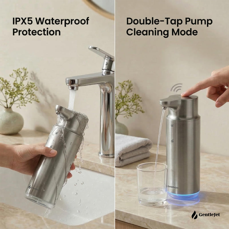 CrystalJet Automatic Foam Soap Dispenser – Stainless Steel, Touchless Sensor, USB-C Rechargeable, Waterproof, Modern Bathroom & Kitchen Sink, 300 ml Silver