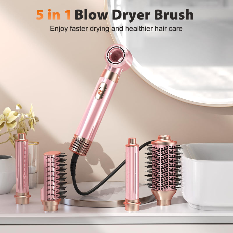 5 in 1 Blow Dryer Brush Set, Upgrade Hair Dryer & Blow Dryer Brush & Air Curling Wrap & Paddle Brush, Detachable Hot Air Styling Tools, High Speed Travel Hair Volumizer Straightener Curler Pink | Upgrade Hair Dryer & Blow Dryer Brush & Air Curling Wrap...