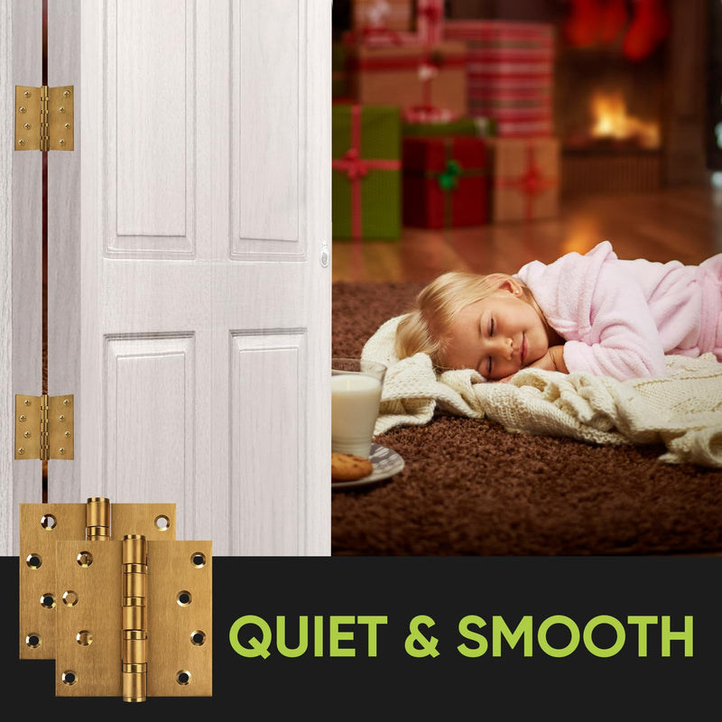 3 Pack Ball Bearing Door Hinges,4in x 4in Door Hinges,Heavy Duty Stainless Steel Door Hinges for Exterior & Interior Doors,Smooth and Quiet, Non Removable Pin (Brass) Brass 3