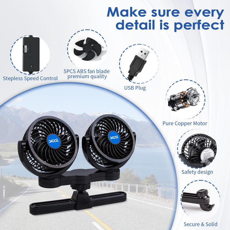 XOOL USB Dual Head Backseat Car Fan – 360° Rotatable Rear Seat Air Circulator with Stepless Speed & Adjustable Clip for Kids in SUV, Truck, RV USB Dual Fan - Rear (Stepless)