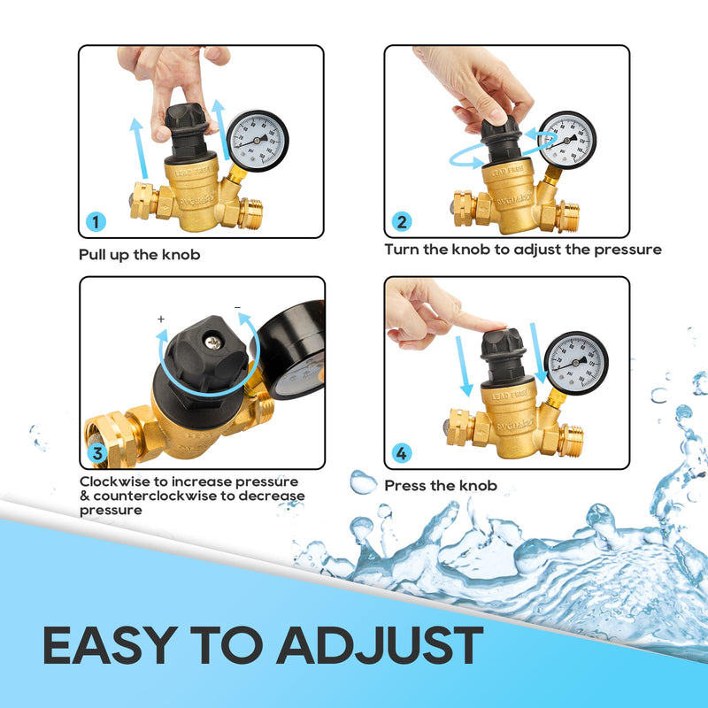 RVGUARD RV Water Pressure Regulator Valve With An Adjustable Knob, NO Tool Required, Brass Lead-Free Water Pressure Reducer with Gauge and Inlet Screen Filter for RV Camper Travel Trailer