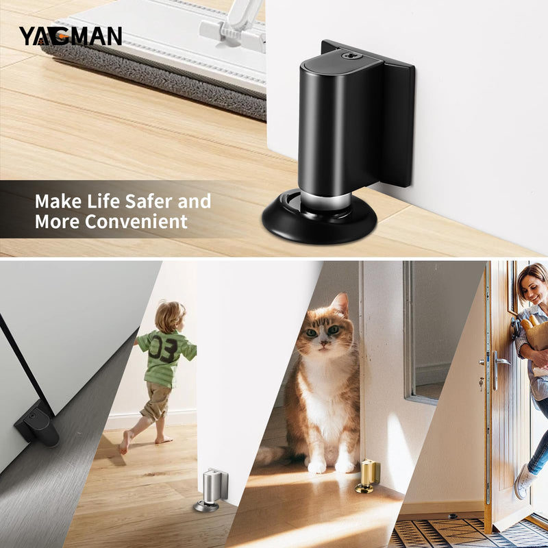2 Pack Magnetic Door Stopper Floor Mount, No Drilling Adhesive Door Holder, Retractable Magnetic Door Stop, Keep Door Open, Windproof Door Catch for Home, Pet and Renters, Black 2