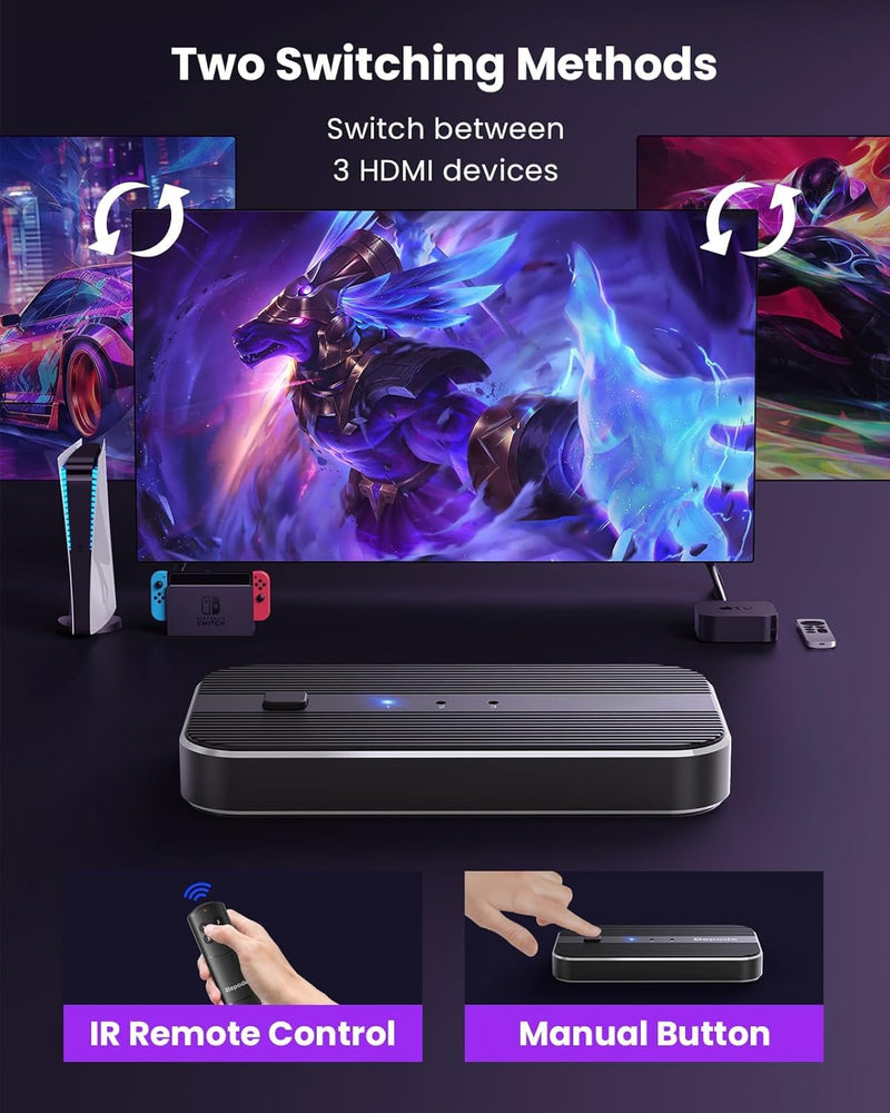 HDMI Switch 3 in 1 Out 4K@60Hz, 3 Port HDMI Switch 3 in 1 Out with Remote Support HDCP2.2 Compatible with Dolby Nintendo Switch PS5/4/3 Xbox Roku TV Fire Stick Blu-Ray Player
