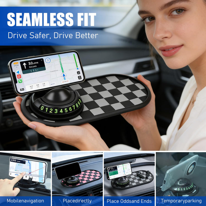 Mobile Phone Bracket Anti-Slip Mat,Multifunction Car Dashboard Mat with Temporary Parking Number,Universal Fit Anti-Slip Mat,360° Rotating Adjustable Phone Holder (Black & Gray) Black & Gray