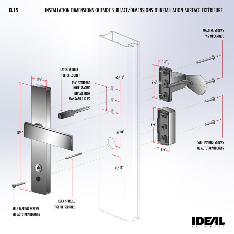 Ideal Security EL Keyed Lever Mount Latch with Deadbolt, Surface Mount Storm Door Handle Replacement, 2 Posts with Tie Down Screw, Matte Black