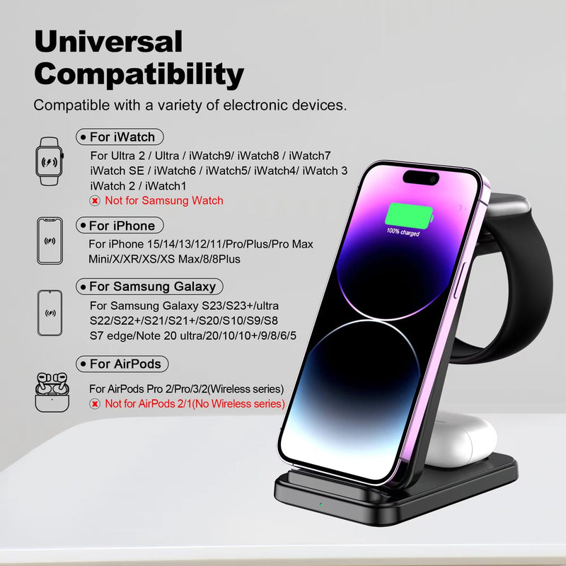 3 in 1 Wireless Charging Station, Fast Wireless Charger for iPhone 17 16 15 14 13 12 Pro Max Plus Air, Charger Stand for iWatch 11 10 9 8 7 6 5 4 3 2 Ultra SE, for Airpods 4 3 2 Pro Purple