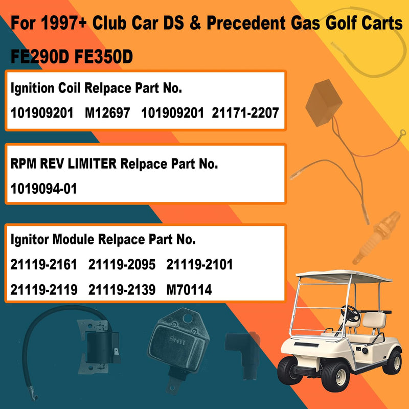 RPM REV Limiter 1019094-01&Ignition Coil with Cap 101909201& Ignition Module 21119-2161 with Spark Plug Compatible with Kawasaki FE290D FE350D for Club Car DS & Precedent Gas Golf Carts 1997-UP