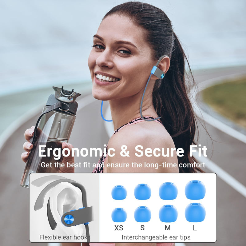 Bluetooth 5.3 Headphones, Wireless Sports In-Ear Earbuds IPX7 Waterproof | 16 Hours Playtime, Sweatproof Stereo Earphones with MIC, Noise Cancelling Headsets for Gym Running Workout, Clear Sound Blue