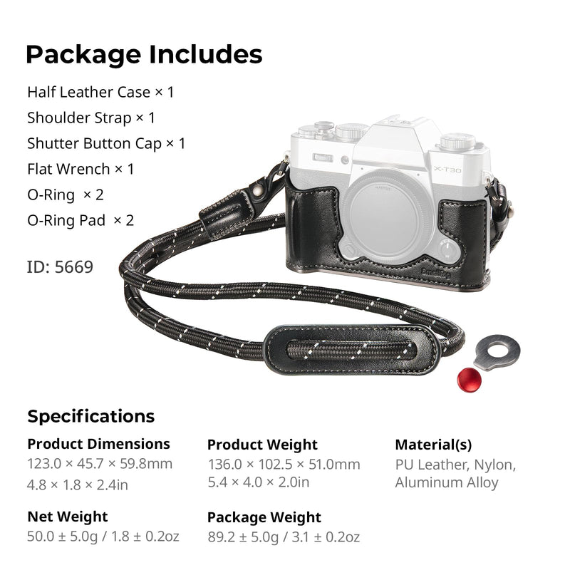 SMALLRIG Leather Case with Shoulder Strap for FUJIFILM X-T30 III/X-T30 II | Retro Style Camera Half Case with Aluminum Frame & Shutter Button Cap (Black) Black