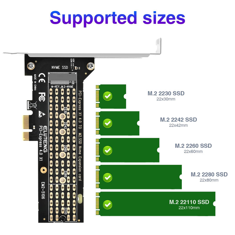 ELUTENG M.2 NVMe PCIe 4.0 Adapter NVME SSD to PCIe X1 Conversion Adapter M.2 Expansion Card Low Profile PCIe NVMe SSD Convertor Compatible for M-Key/B&M key 2230 2242 2260 2280 22110 SSD