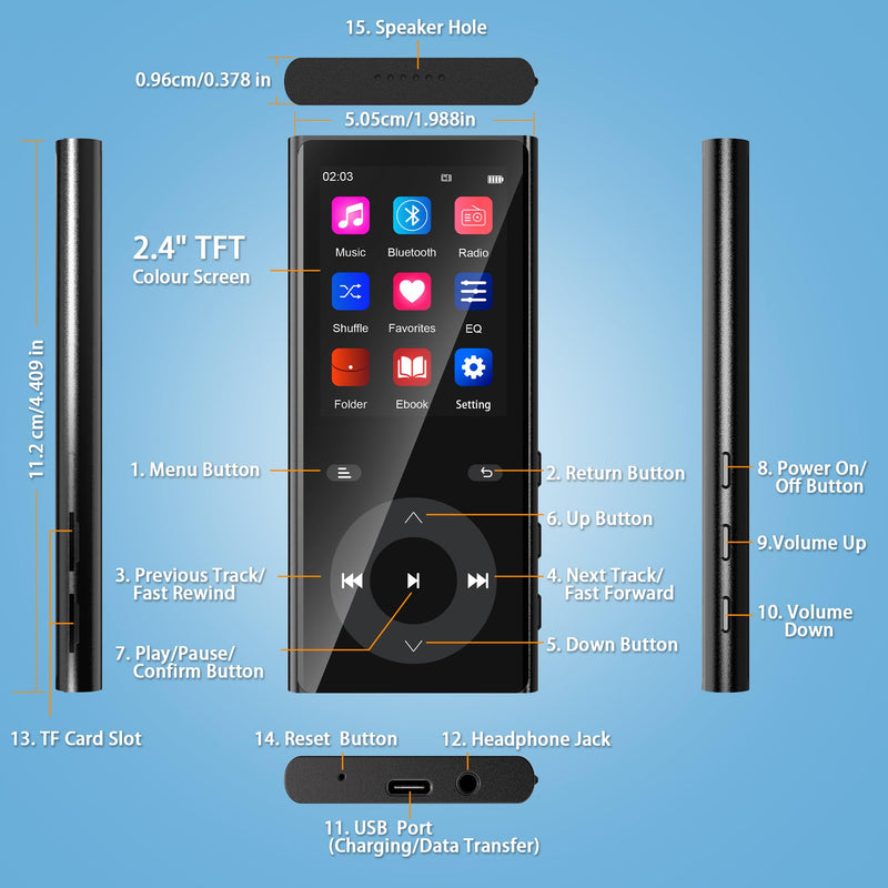 90GB MP3 Player with Bluetooth 5.3, Music Player with 2 TF Card Slots | 2.4" Color Screen, Touch Buttons, MP3 Player for Kids Built-in Speaker, HiFi Sound, Supports up to 256GB, Earphones Included 90 GB