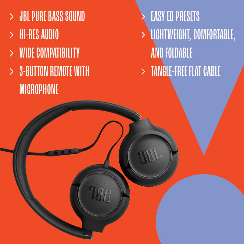 JBL Tune 530C - Wired On-Ear Headphones - Black | JBL Pure Bass Sound, Hi-Res Audio, Wide compatibility, 3-button remote with microphone, Easy EQ presets