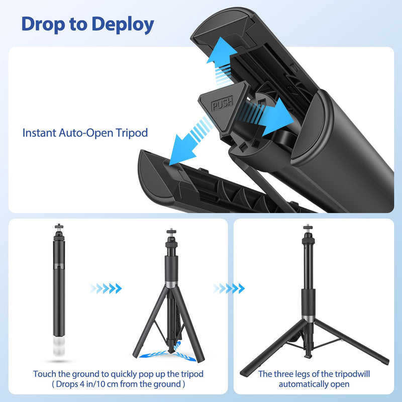 Walking Way 66"/168CM Auto-Open Selfie Stick Tripod, Invisible Selfie Stick for GoPro/Insta360 X5/Ace Pro/DJI Osmo Action/Pocket, 360° Rotatable Pop-Open Camera Stand, Stable Throwpod for Travel/Vlog