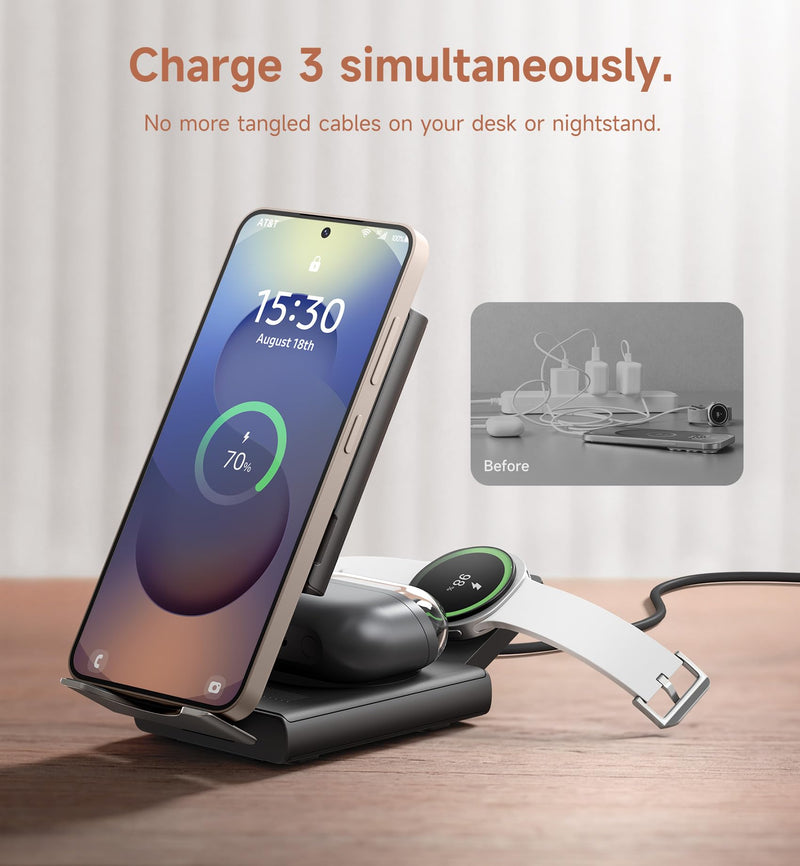SURITCH for Samsung 3-in-1 Wireless Charging Station, Ultra-Portable Charging Dock Stand for Galaxy S26/S25/S24/S23/S22/S21/Note/Z Fold Flip, Galaxy Watch 8/7/6/5/4/3/Buds, Black
