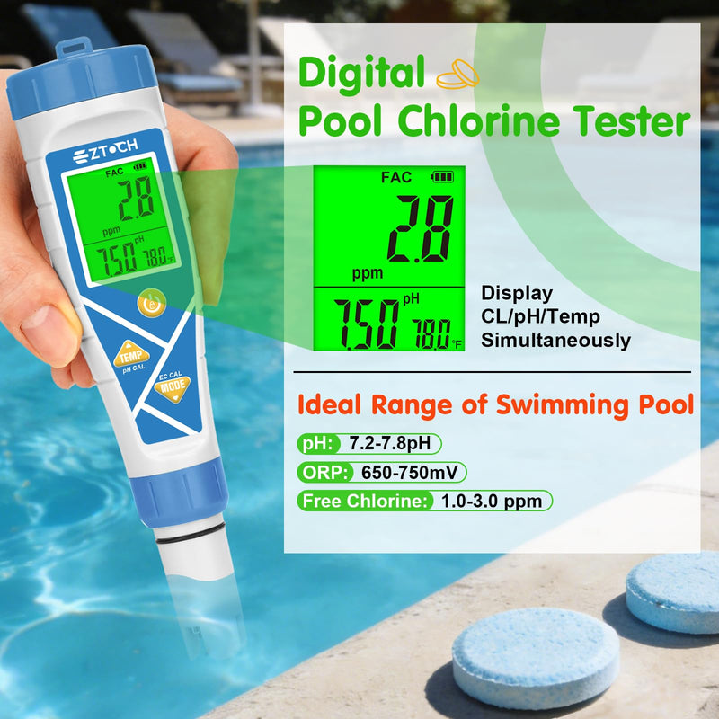 Pool pH Salt and Chlorine Tester 8 in 1 Digital pH Salinity TDS EC Chlorine ORP H2 for Salt Water Pool, Hot Tub, Hydroponic, Aquarium, Hydrogen Water Bottle, Simultaneously Display pH&CI-Temp Blue-8